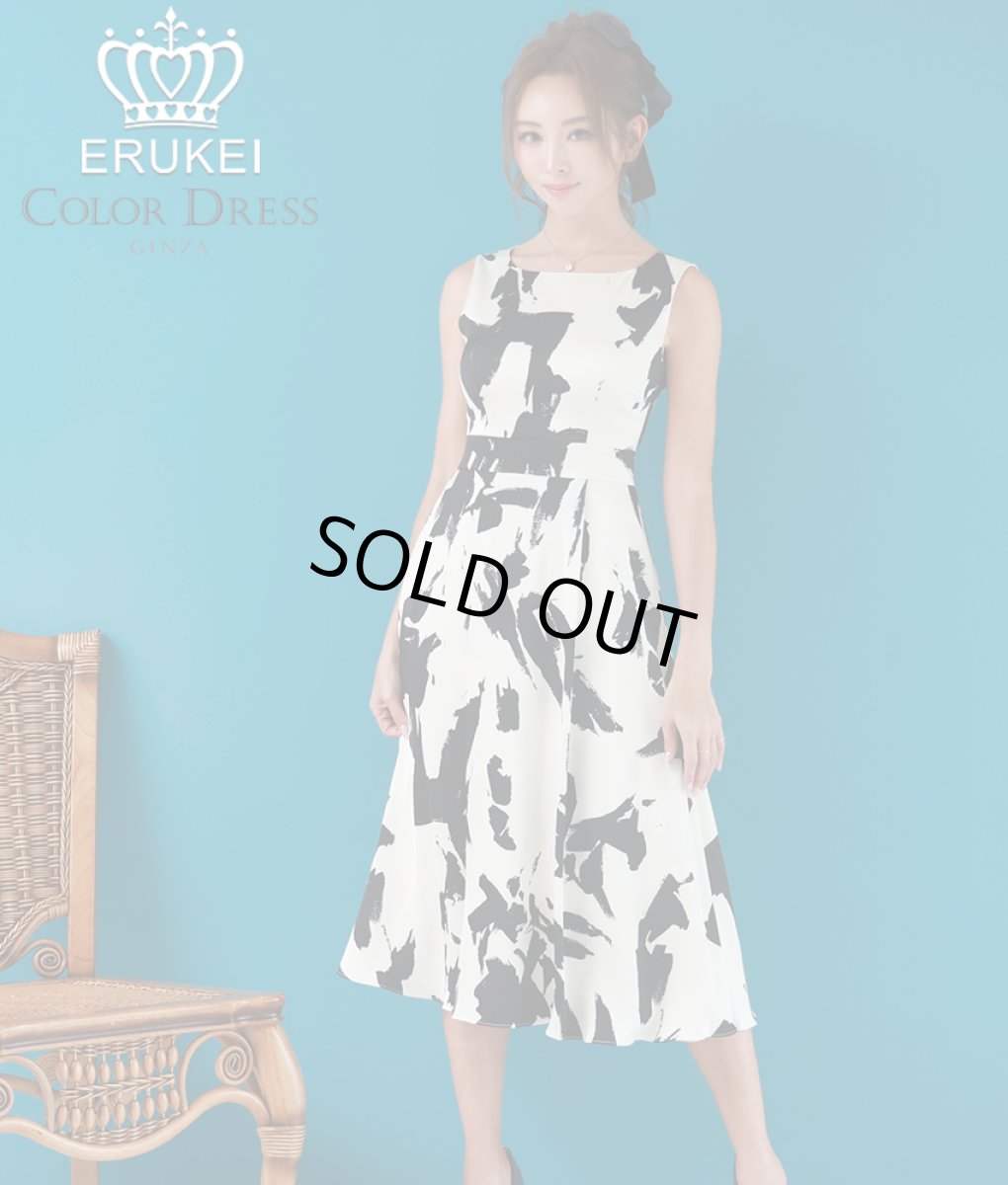 画像1: [ERUKEI]ノースリーブ・ペイント・プリント・ブラック・ホワイト・Aライン・フレア・ミディアムドレス・ワンピース[山崎みどり着用][送料無料]myjubk (1)
