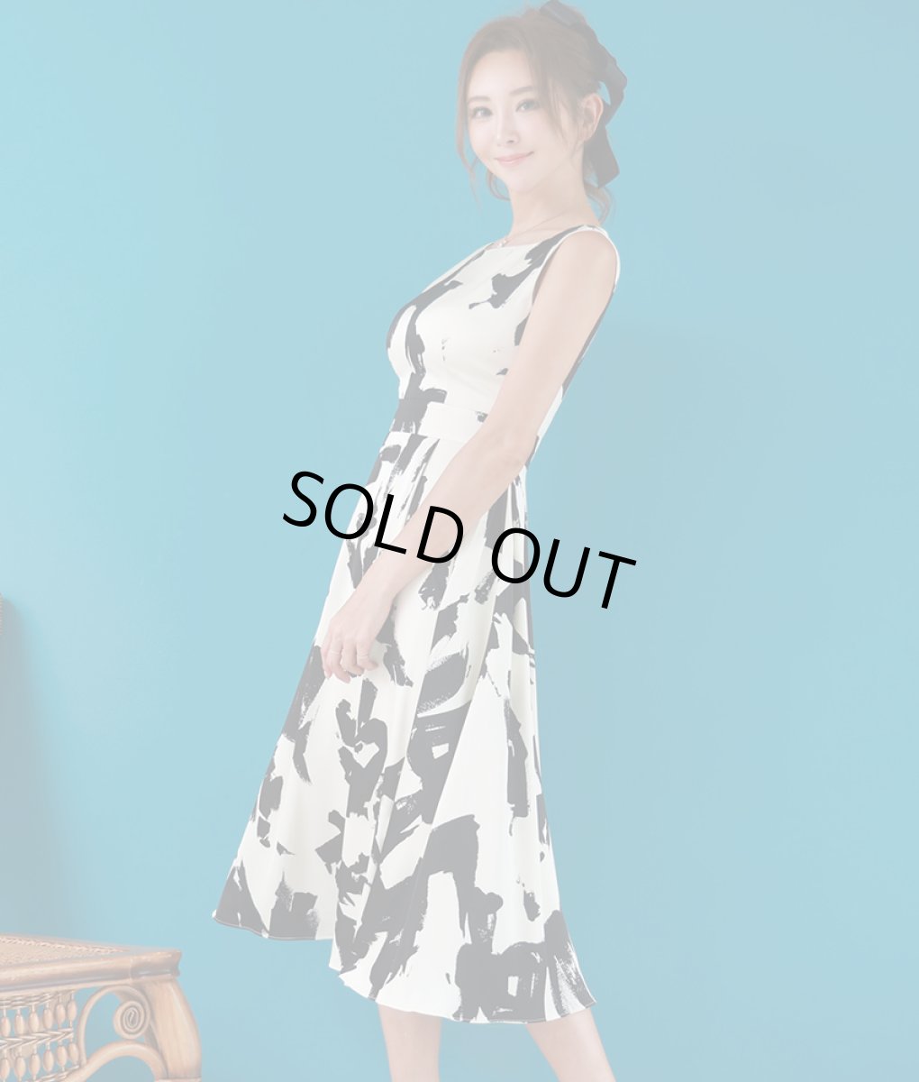 画像2: [ERUKEI]ノースリーブ・ペイント・プリント・ブラック・ホワイト・Aライン・フレア・ミディアムドレス・ワンピース[山崎みどり着用][送料無料]myjubk (2)