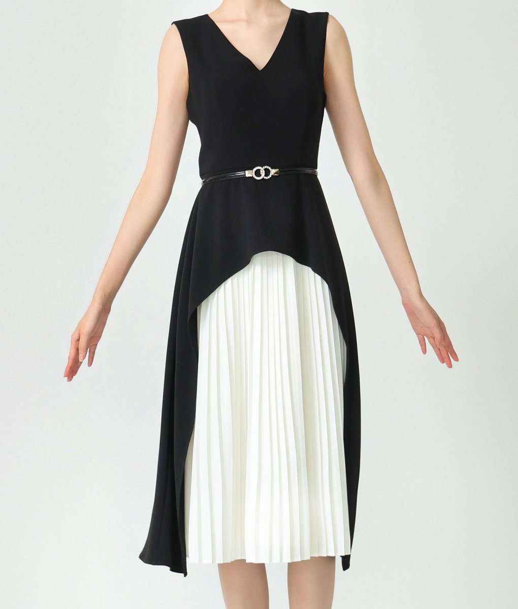 画像6: [ERUKEI]バイカラー・ノースリーブ・Vネック・レイヤード・プリーツ・ベルト付き・ミディアムドレス・ワンピース[黒木麗奈着用][送料無料] (6)