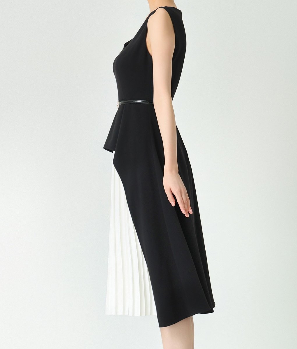 画像7: [ERUKEI]バイカラー・ノースリーブ・Vネック・レイヤード・プリーツ・ベルト付き・ミディアムドレス・ワンピース[黒木麗奈着用][送料無料] (7)
