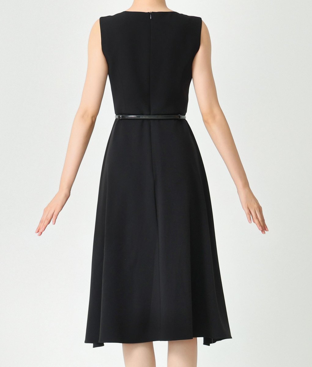 画像8: [ERUKEI]バイカラー・ノースリーブ・Vネック・レイヤード・プリーツ・ベルト付き・ミディアムドレス・ワンピース[黒木麗奈着用][送料無料] (8)