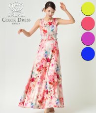 画像1: [ERUKEI]ノースリーブ・シワ加工サテン・フラワー柄・花柄・プリント・ウエストリブ・Aライン・ロングドレス[黒木麗奈着用][送料無料] (1)