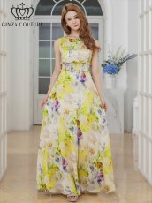 画像2: [ERUKEI]ノースリーブ・シワ加工サテン・フラワー柄・花柄・プリント・ウエストリブ・Aライン・ロングドレス[黒木麗奈着用][送料無料] (2)