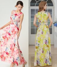 画像3: [ERUKEI]ノースリーブ・シワ加工サテン・フラワー柄・花柄・プリント・ウエストリブ・Aライン・ロングドレス[黒木麗奈着用][送料無料] (3)