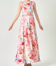 画像7: [ERUKEI]ノースリーブ・シワ加工サテン・フラワー柄・花柄・プリント・ウエストリブ・Aライン・ロングドレス[黒木麗奈着用][送料無料] (7)