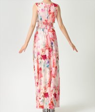 画像9: [ERUKEI]ノースリーブ・シワ加工サテン・フラワー柄・花柄・プリント・ウエストリブ・Aライン・ロングドレス[黒木麗奈着用][送料無料] (9)