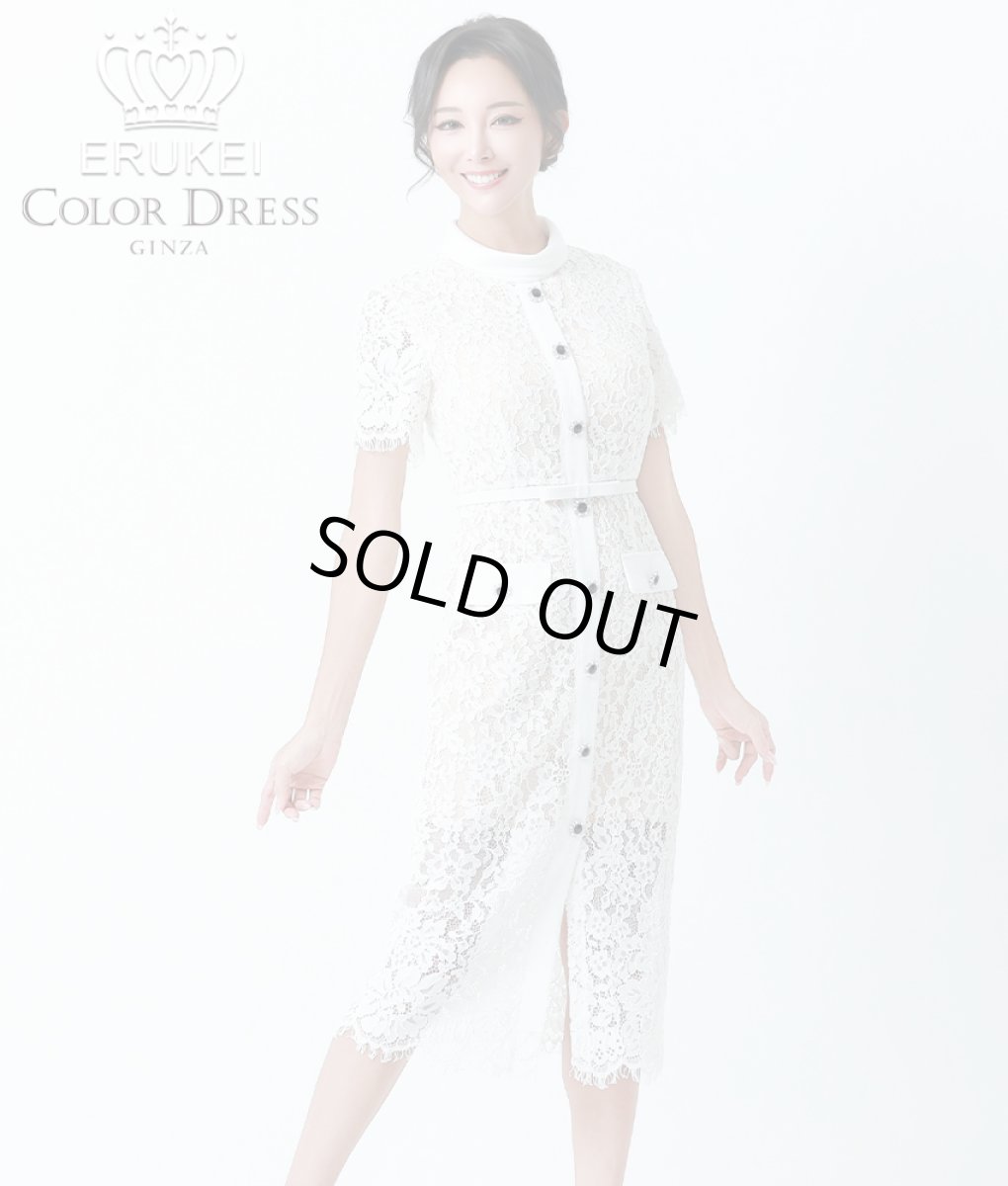 画像1: [ERUKEI]総レース・半袖・ロールカラー・ビジューボタン・フェイクポケット・タイト・ミディアムドレス・ワンピース[山崎みどり着用]《送料＆代引き手数料無料》 (1)