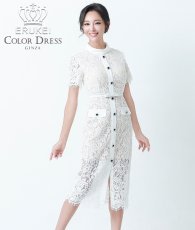 画像1: [ERUKEI]総レース・半袖・ロールカラー・ビジューボタン・フェイクポケット・タイト・ミディアムドレス・ワンピース[山崎みどり着用]《送料＆代引き手数料無料》 (1)