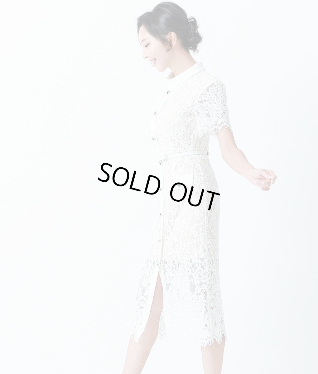 画像2: [ERUKEI]総レース・半袖・ロールカラー・ビジューボタン・フェイクポケット・タイト・ミディアムドレス・ワンピース[山崎みどり着用]《送料＆代引き手数料無料》 (2)