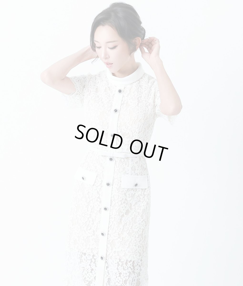 画像4: [ERUKEI]総レース・半袖・ロールカラー・ビジューボタン・フェイクポケット・タイト・ミディアムドレス・ワンピース[山崎みどり着用]《送料＆代引き手数料無料》 (4)