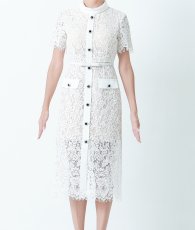 画像6: [ERUKEI]総レース・半袖・ロールカラー・ビジューボタン・フェイクポケット・タイト・ミディアムドレス・ワンピース[山崎みどり着用]《送料＆代引き手数料無料》 (6)