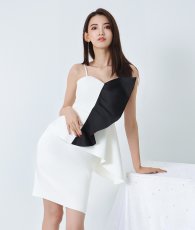 画像3: [ XS-Lサイズ / 1カラー][ERUKEI/GINZA COUTURE]バイカラー・アシンメトリー・変形・キャミソール・フリル・ペプラム・タイト・ミニドレス・ワンピース[黒木麗奈着用][送料無料] (3)