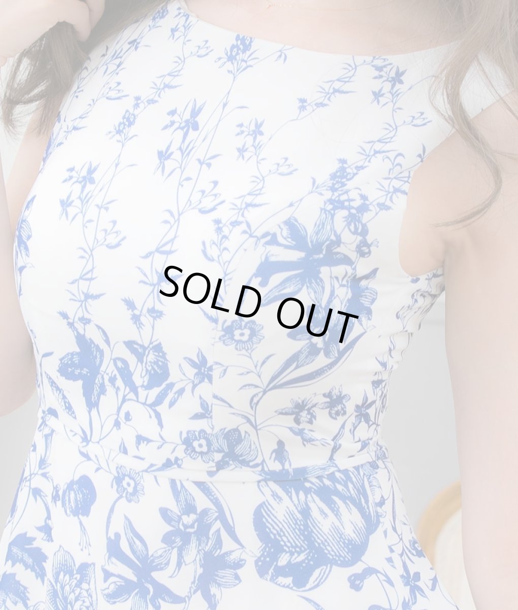 画像9: [ERUKEI]ホワイトベース・ブルー花柄・ノースリーブ・Ａライン・フレア・ミディアムドレス・ワンピース[山崎みどり着用][送料無料]mypr (9)