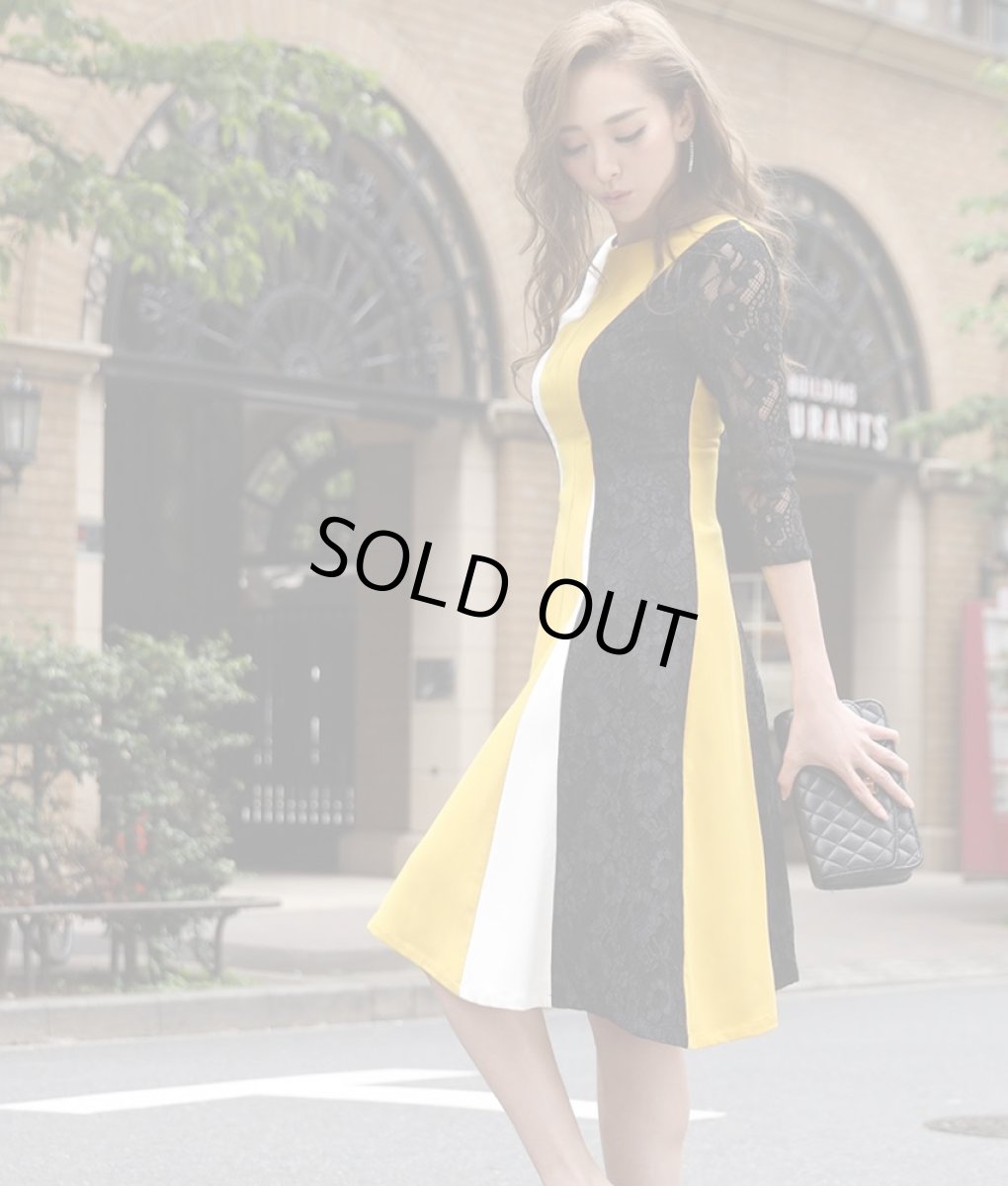 画像2: [ERUKEI]トリコロール・ブラックレース・アシメントリー・七分袖・ミディアムドレス・ワンピース[山崎みどり着用][送料無料] my (2)