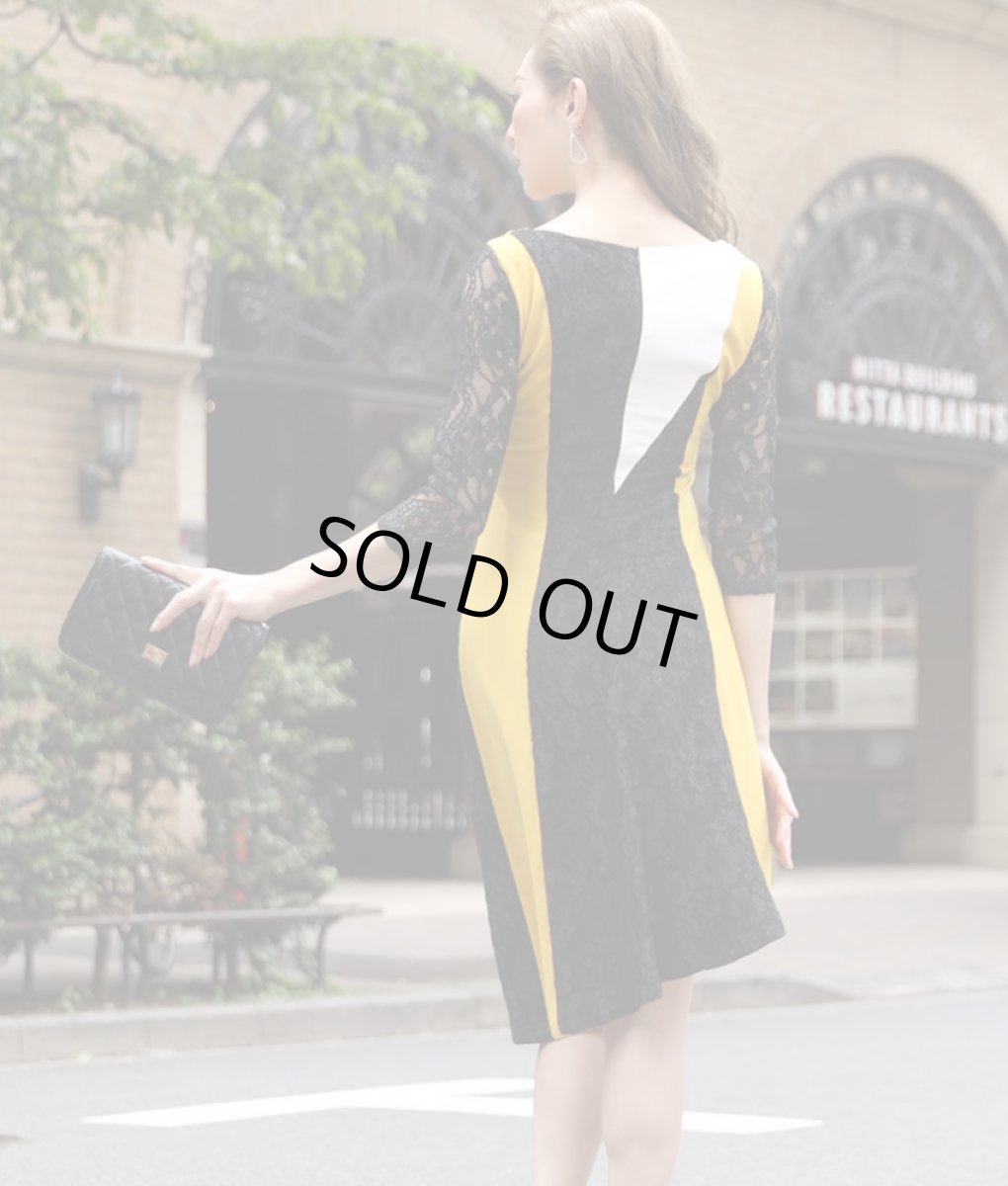 画像3: [ERUKEI]トリコロール・ブラックレース・アシメントリー・七分袖・ミディアムドレス・ワンピース[山崎みどり着用][送料無料] my (3)