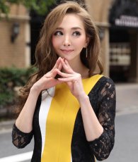 画像4: [ERUKEI]トリコロール・ブラックレース・アシメントリー・七分袖・ミディアムドレス・ワンピース[山崎みどり着用][送料無料] my (4)