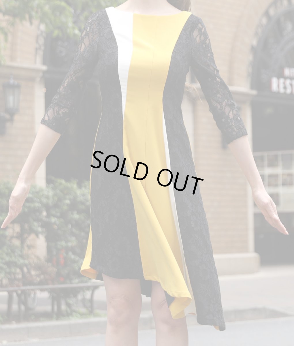 画像6: [ERUKEI]トリコロール・ブラックレース・アシメントリー・七分袖・ミディアムドレス・ワンピース[山崎みどり着用][送料無料] my (6)