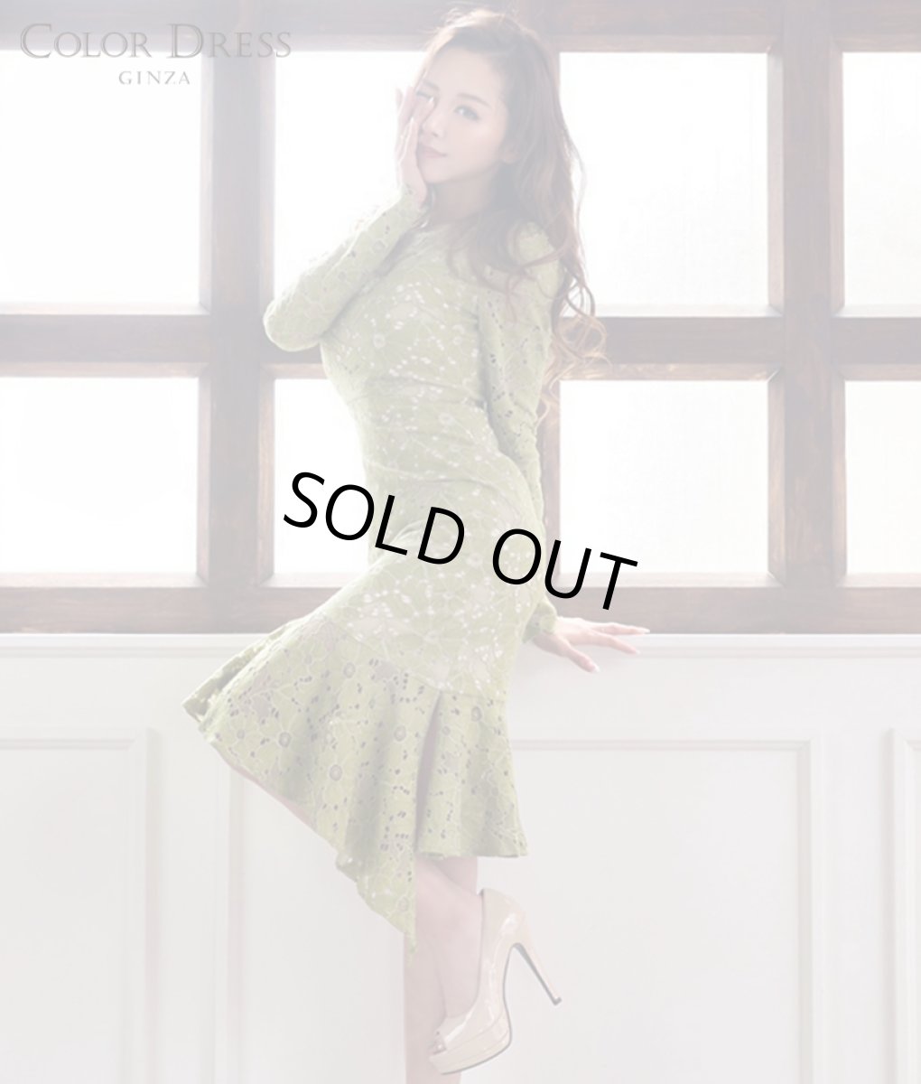 画像1: [ERUKEI]グラスグリーン・総レース・アシンメトリー・長袖・マーメイドライン・ミディアムドレス・ワンピース[山崎みどり着用][送料無料] (1)