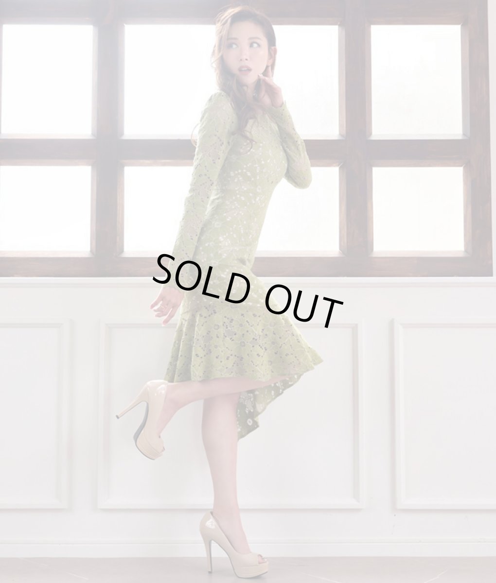 画像3: [ERUKEI]グラスグリーン・総レース・アシンメトリー・長袖・マーメイドライン・ミディアムドレス・ワンピース[山崎みどり着用][送料無料] (3)