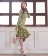 画像3: [ERUKEI]グラスグリーン・総レース・アシンメトリー・長袖・マーメイドライン・ミディアムドレス・ワンピース[山崎みどり着用][送料無料] (3)