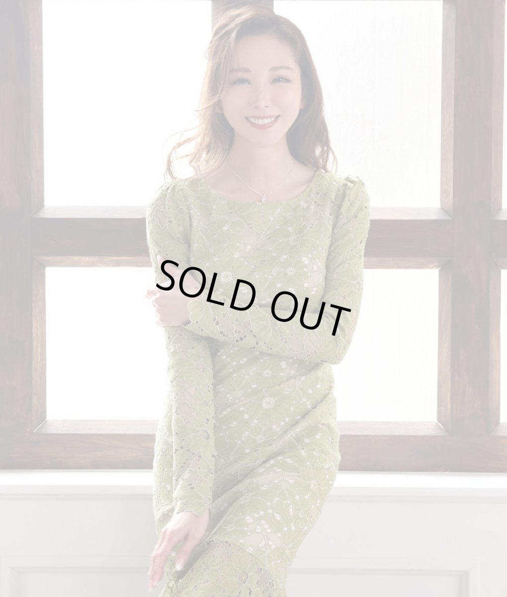 画像4: [ERUKEI]グラスグリーン・総レース・アシンメトリー・長袖・マーメイドライン・ミディアムドレス・ワンピース[山崎みどり着用][送料無料] (4)