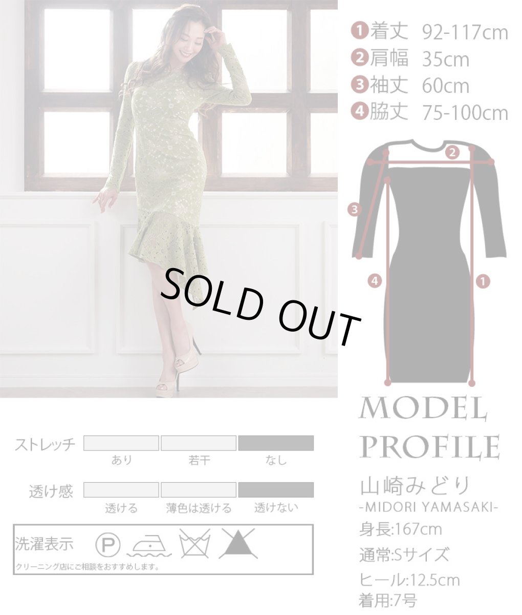 画像5: [ERUKEI]グラスグリーン・総レース・アシンメトリー・長袖・マーメイドライン・ミディアムドレス・ワンピース[山崎みどり着用][送料無料] (5)