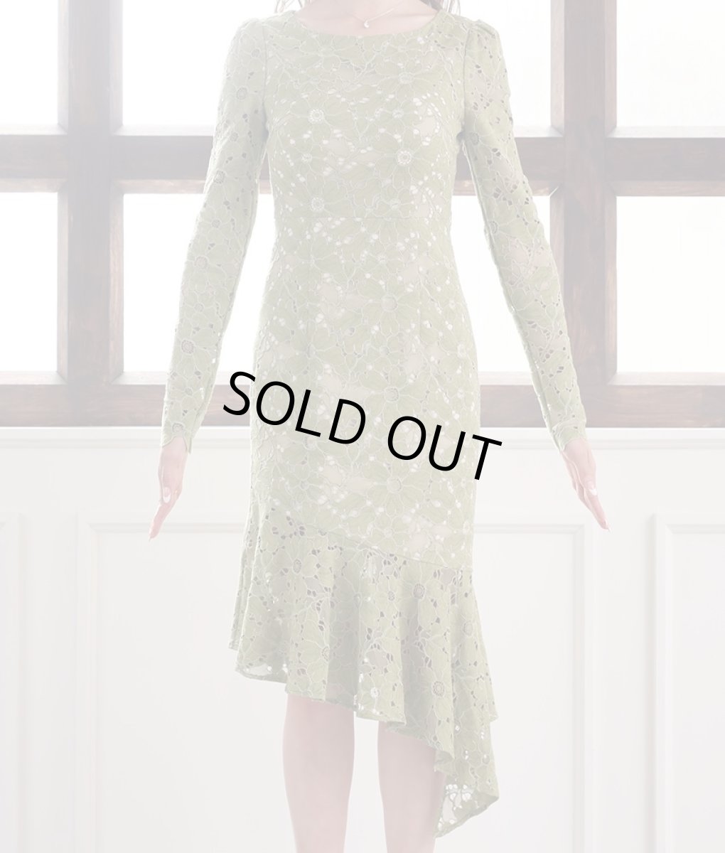 画像6: [ERUKEI]グラスグリーン・総レース・アシンメトリー・長袖・マーメイドライン・ミディアムドレス・ワンピース[山崎みどり着用][送料無料] (6)