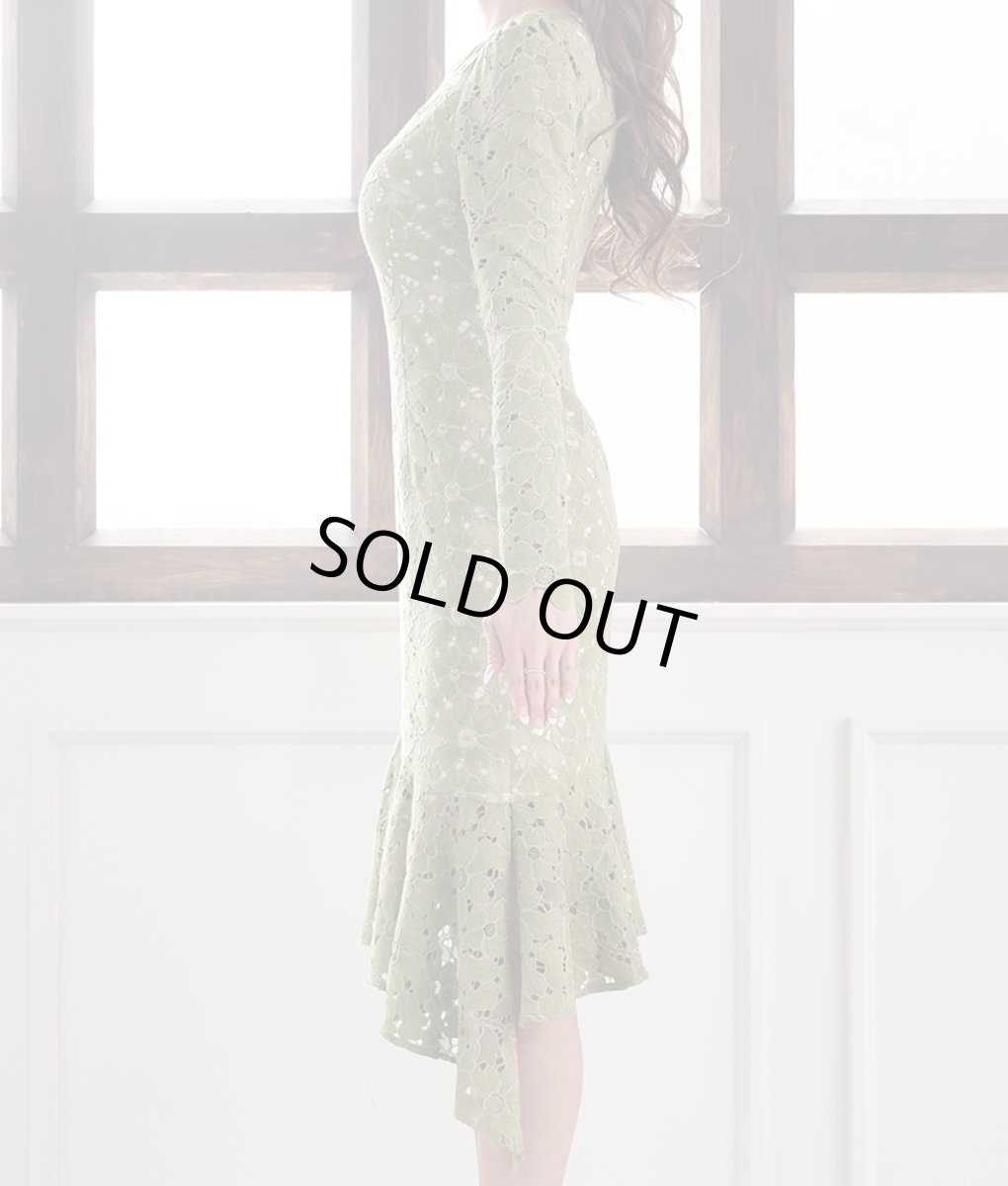 画像7: [ERUKEI]グラスグリーン・総レース・アシンメトリー・長袖・マーメイドライン・ミディアムドレス・ワンピース[山崎みどり着用][送料無料] (7)