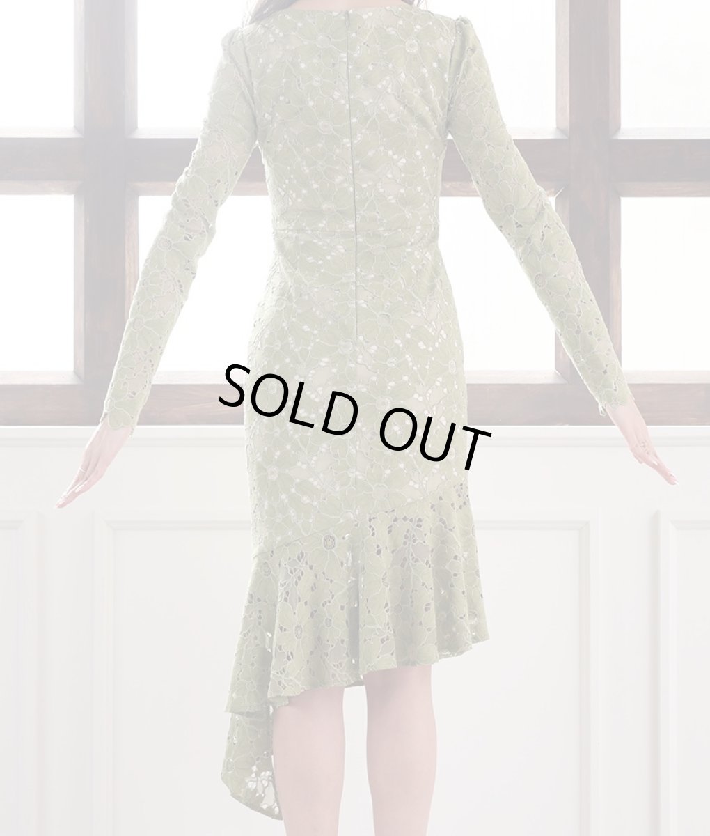 画像8: [ERUKEI]グラスグリーン・総レース・アシンメトリー・長袖・マーメイドライン・ミディアムドレス・ワンピース[山崎みどり着用][送料無料] (8)