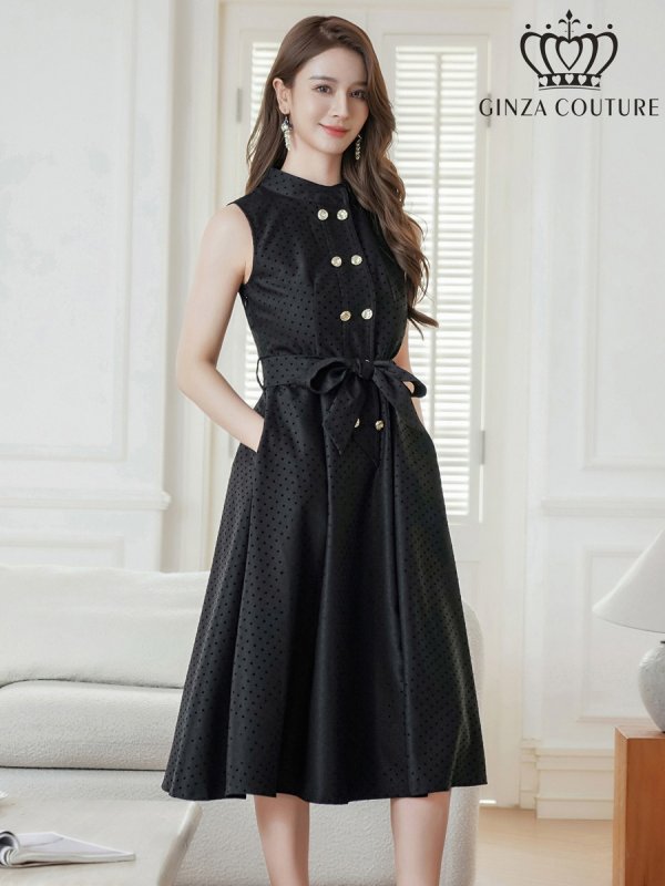 ERUKEI GINZA COUTURE]ドット・水玉金ボタン・ノースリーブ・Aライン