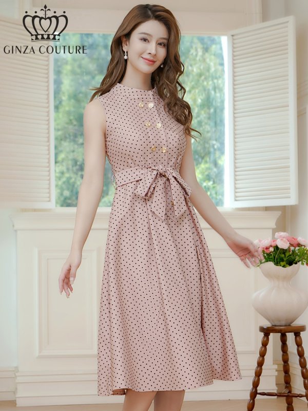 ERUKEI GINZA COUTURE]ドット・水玉金ボタン・ノースリーブ・Aライン