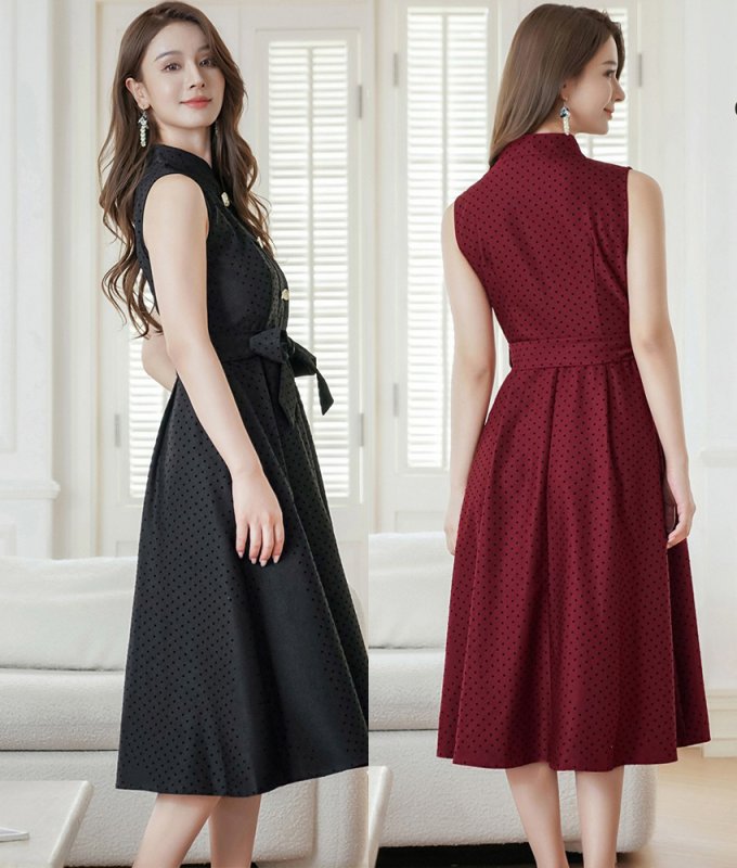 ERUKEI GINZA COUTURE]ドット・水玉金ボタン・ノースリーブ・Aライン