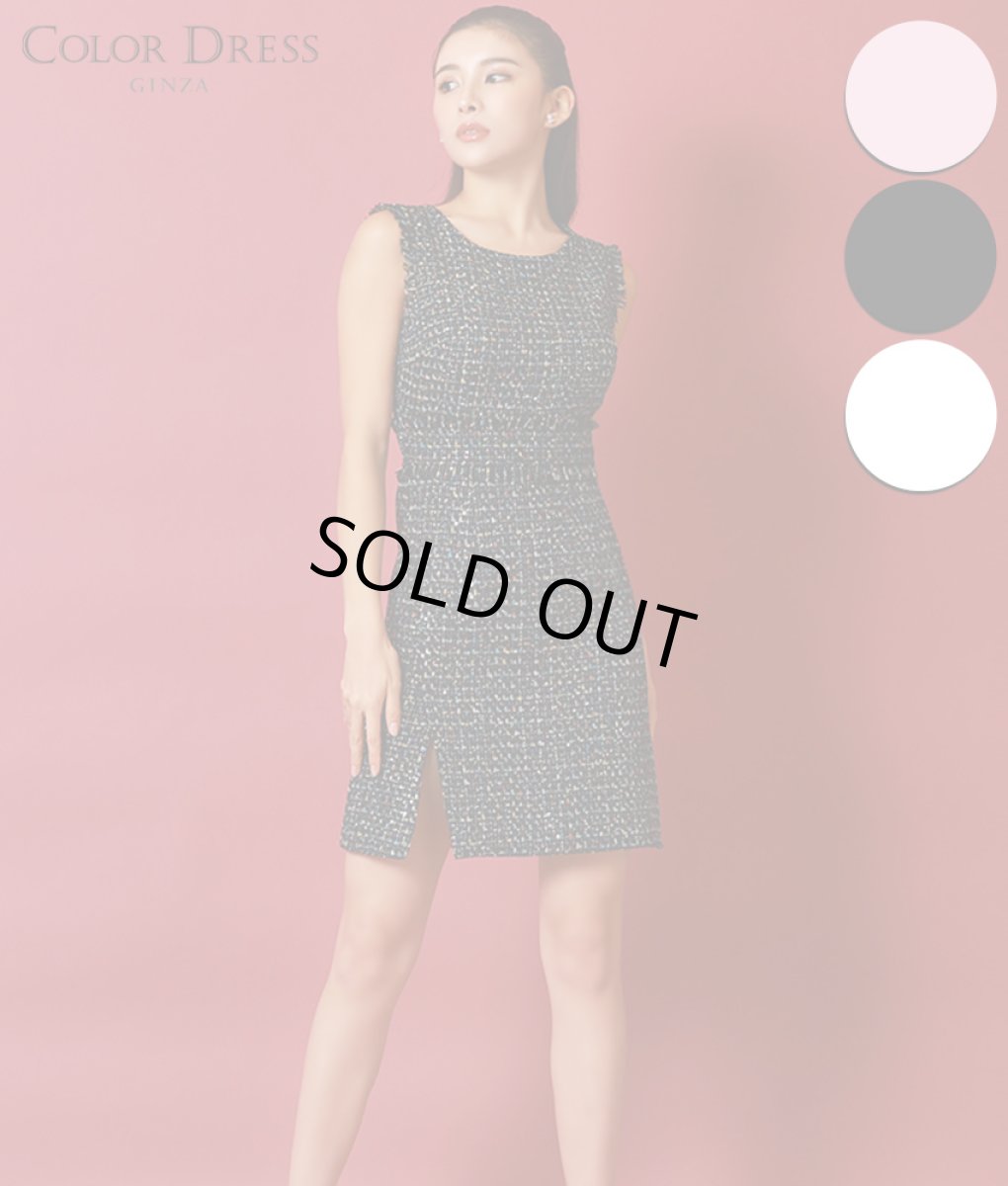 画像1: [ERUKEI]スパンコールMIX・ツイード・ポイントフリンジ・ノースリーブ・スリット・タイト・ミニドレス・ワンピース《送料＆代引き手数料無料》 [MIRIN着用] (1)