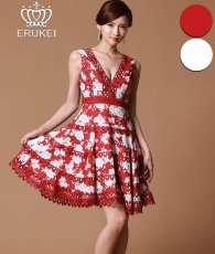 画像1: [ERUKEI]花柄・プリント・レース・Vネック・ノースリーブ・Aライン・ミディアムドレス・ワンピース[れお着用][送料無料] (1)