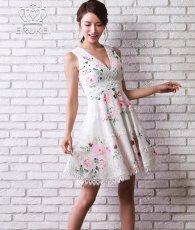 画像2: [ERUKEI]花柄・プリント・レース・Vネック・ノースリーブ・Aライン・ミディアムドレス・ワンピース[れお着用][送料無料] (2)
