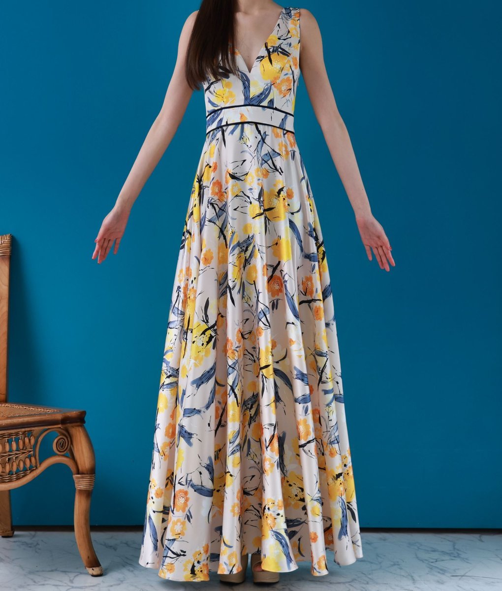 画像7: [ERUKEI]ノースリーブ・イエロー・ホワイトブラック・花柄・プリント・Vネック・ロングドレス[黒木麗奈着用]《送料＆代引き手数料無料》 (7)