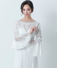 画像4: [ERUKEI] ホワイト・総レース・ベルスリーブ・Aライン・エレガント・ロングドレス[山崎みどり着用][送料無料]mywh (4)