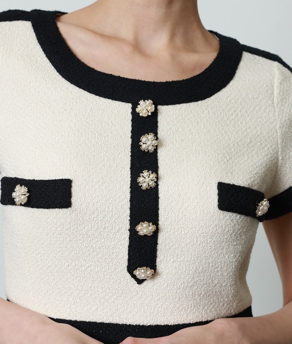 画像9: [ERUKEI]ベージュ・ツイード・半袖・タイト・ポケット・シンプル・ポイントボタン・ミニドレス・ワンピース[奈月セナ着用][送料無料] (9)