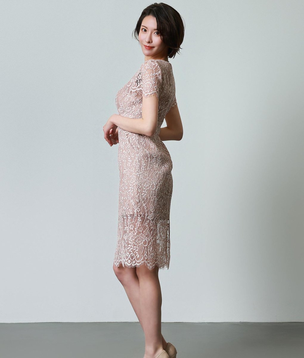 画像2: [ERUKEI]ベージュ・ホワイト・ブルー・ブラック・コードレース・半袖・タイト・スリット・ミディアムドレス・ワンピース[奈月セナ着用][送料無料] (2)