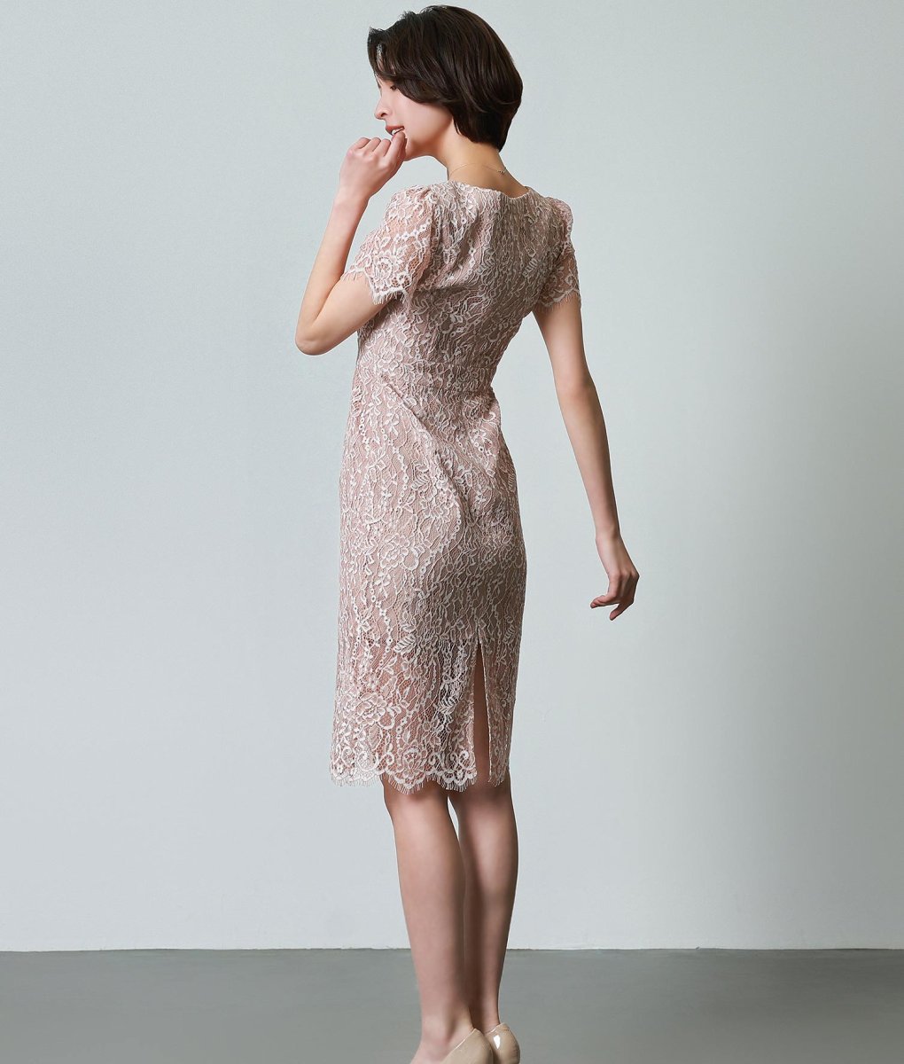 画像3: [ERUKEI]ベージュ・ホワイト・ブルー・ブラック・コードレース・半袖・タイト・スリット・ミディアムドレス・ワンピース[奈月セナ着用][送料無料] (3)