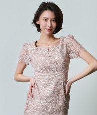 画像4: [ERUKEI]ベージュ・コードレース・半袖・タイト・スリット・ミディアムドレス・ワンピース[奈月セナ着用][送料無料] (4)
