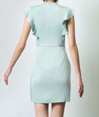 画像9: [ERUKEI]ワンカラー・サテン・シンプル・Vネック・フリルスリーブ・ビジュー・ウエストマーク・タイト・ミニドレス・ワンピース[送料無料] (9)