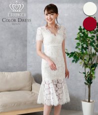 画像1: [ XS-Lサイズ / 2カラー][ERUKEI]ワンカラー・総レース・フリンジ・半袖・インナーミニ・タイト・マーメイド・ミディアムドレス・ワンピース[薗田杏奈着用[送料無料] (1)