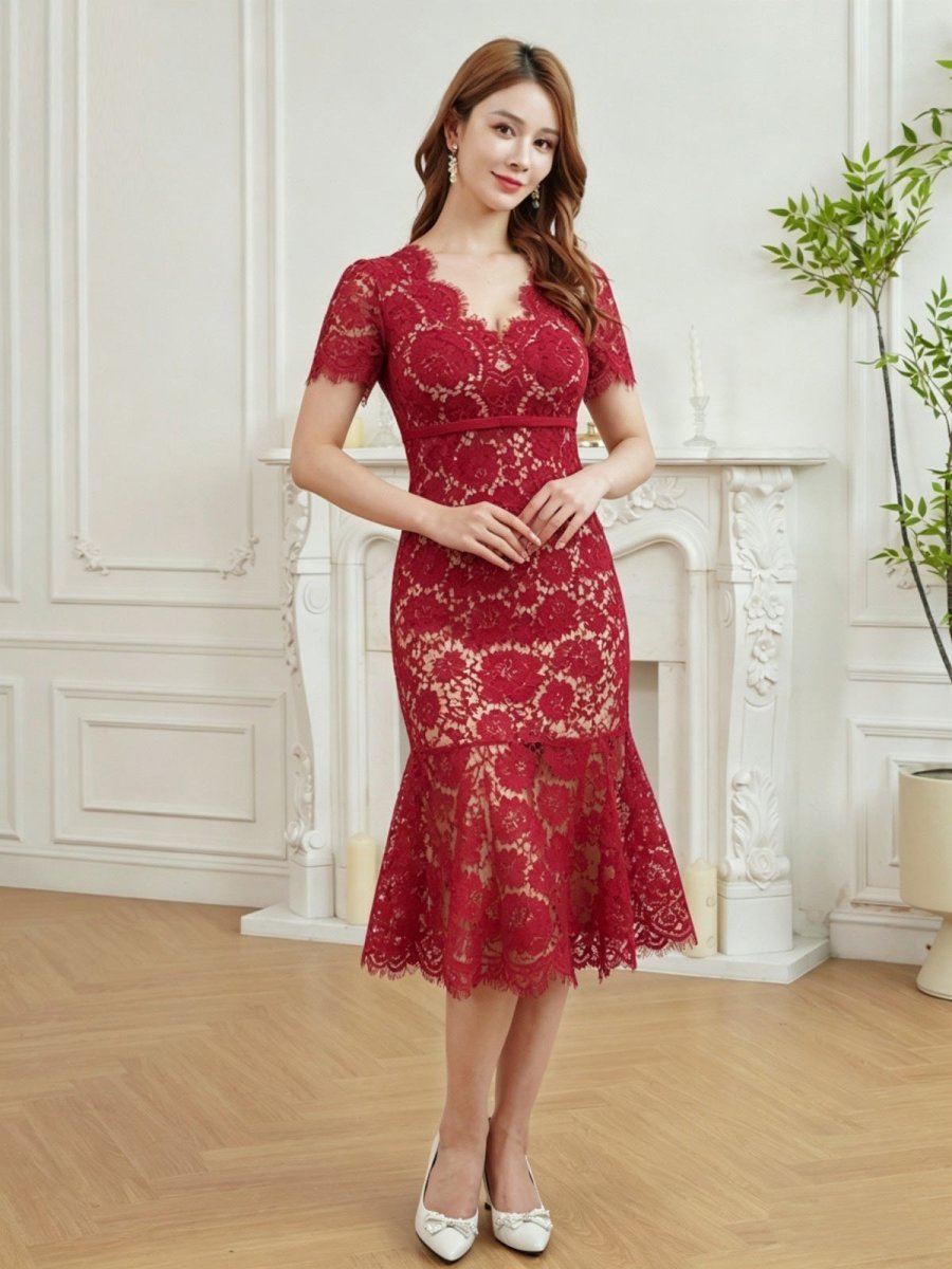 画像2: [ XS-Lサイズ / 2カラー][ERUKEI]ワンカラー・総レース・フリンジ・半袖・インナーミニ・タイト・マーメイド・ミディアムドレス・ワンピース[薗田杏奈着用[送料無料] (2)