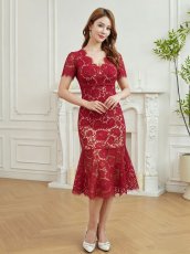 画像2: [ XS-Lサイズ / 2カラー][ERUKEI]ワンカラー・総レース・フリンジ・半袖・インナーミニ・タイト・マーメイド・ミディアムドレス・ワンピース[薗田杏奈着用[送料無料] (2)