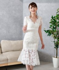 画像4: [ XS-Lサイズ / 2カラー][ERUKEI]ワンカラー・総レース・フリンジ・半袖・インナーミニ・タイト・マーメイド・ミディアムドレス・ワンピース[薗田杏奈着用[送料無料] (4)