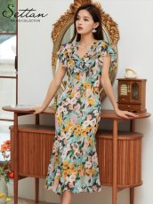 画像1: [ERUKEI/SETTAN]プリント・花柄・スパンコール・Vネック・マーメイドライン・ミディアムドレス・ワンピース[送料無料] (1)