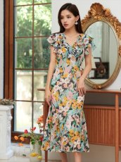 画像2: [ERUKEI/SETTAN]プリント・花柄・スパンコール・Vネック・マーメイドライン・ミディアムドレス・ワンピース[送料無料] (2)