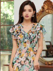 画像4: [ERUKEI/SETTAN]プリント・花柄・スパンコール・Vネック・マーメイドライン・ミディアムドレス・ワンピース[送料無料] (4)