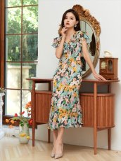 画像6: [ERUKEI/SETTAN]プリント・花柄・スパンコール・Vネック・マーメイドライン・ミディアムドレス・ワンピース[送料無料] (6)